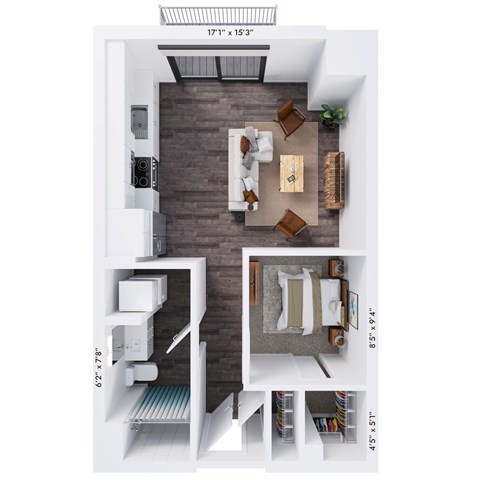 Floor plan for 1 bed, 1 bath, 633 sqft